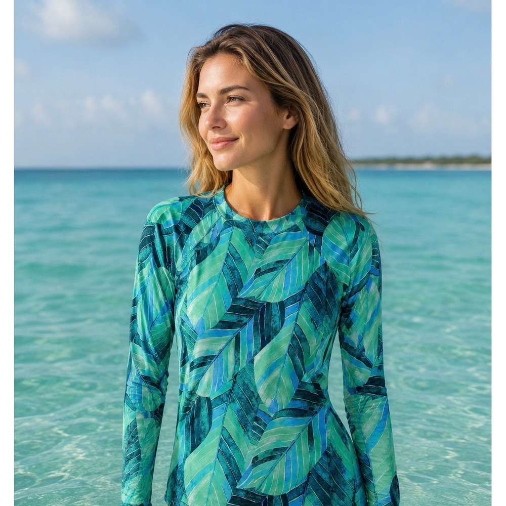 NEXT Women's Rash Guard Large Tropical Leaf Long Sleeve Swim Shirt Blue Green